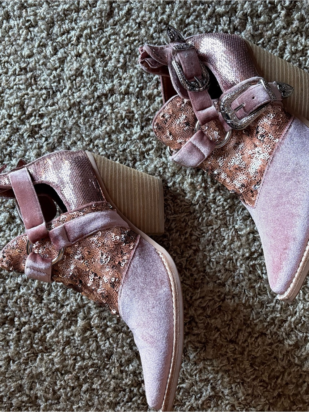 Free People x Jefferey Campbell Pink Velvet & Sequin Buckle Ankle Boots
